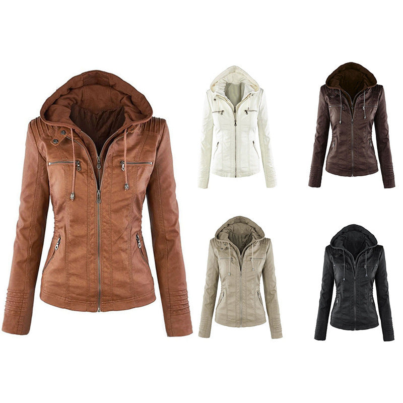 Lapel solid color zip-up leather jacket