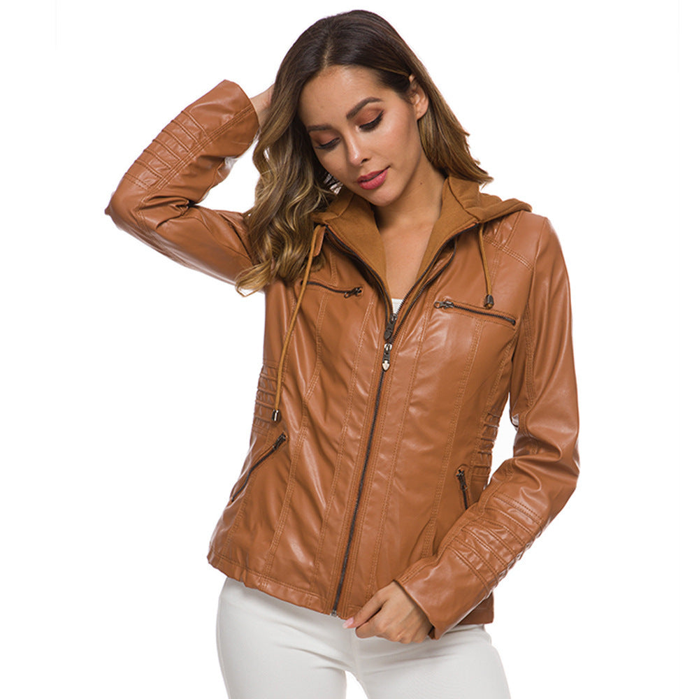 Lapel solid color zip-up leather jacket