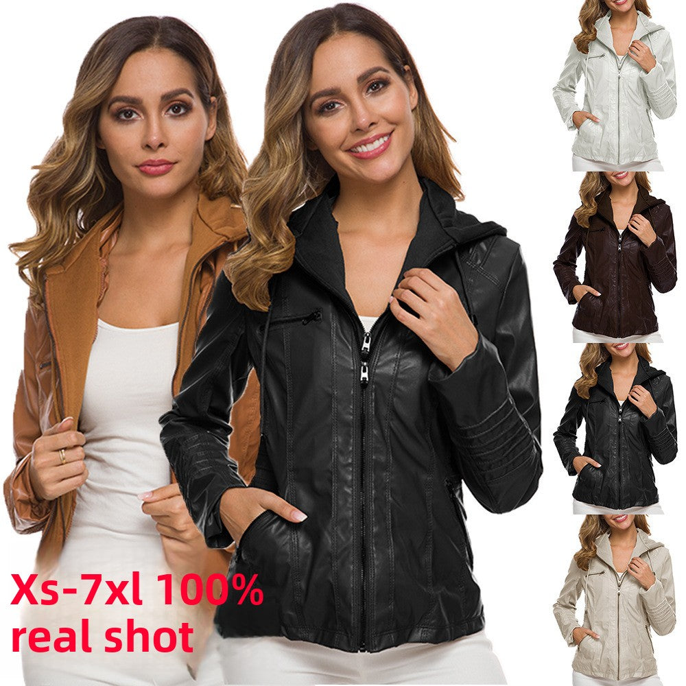 Lapel solid color zip-up leather jacket